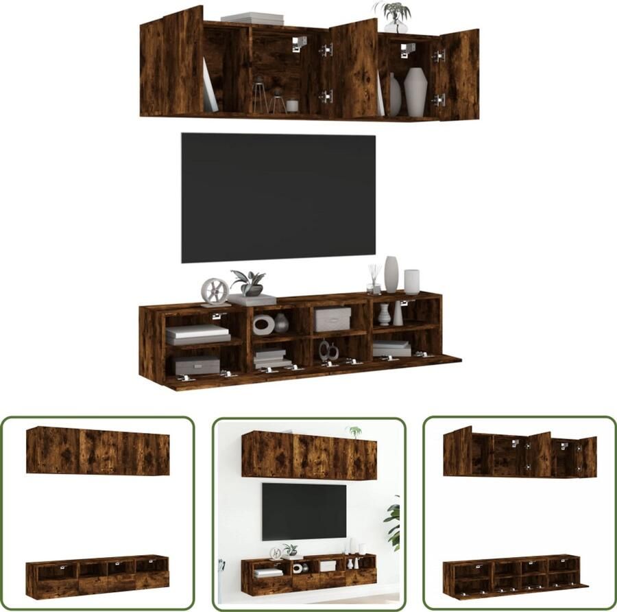 The Living Store 5-delige Tv-wandmeubelset bewerkt hout gerookt eikenkleurig TV Meubel Wandmontage Opbergruimte Houten Tv Kast Bruine Tv Stand
