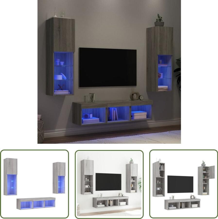 VidaXL Wandmontage Tv Meubel 5-delige Tv-wandmeubelset met LED grijs sonoma eikenkleurig Led Verlichting Grijze Meubelen Houten Kast
