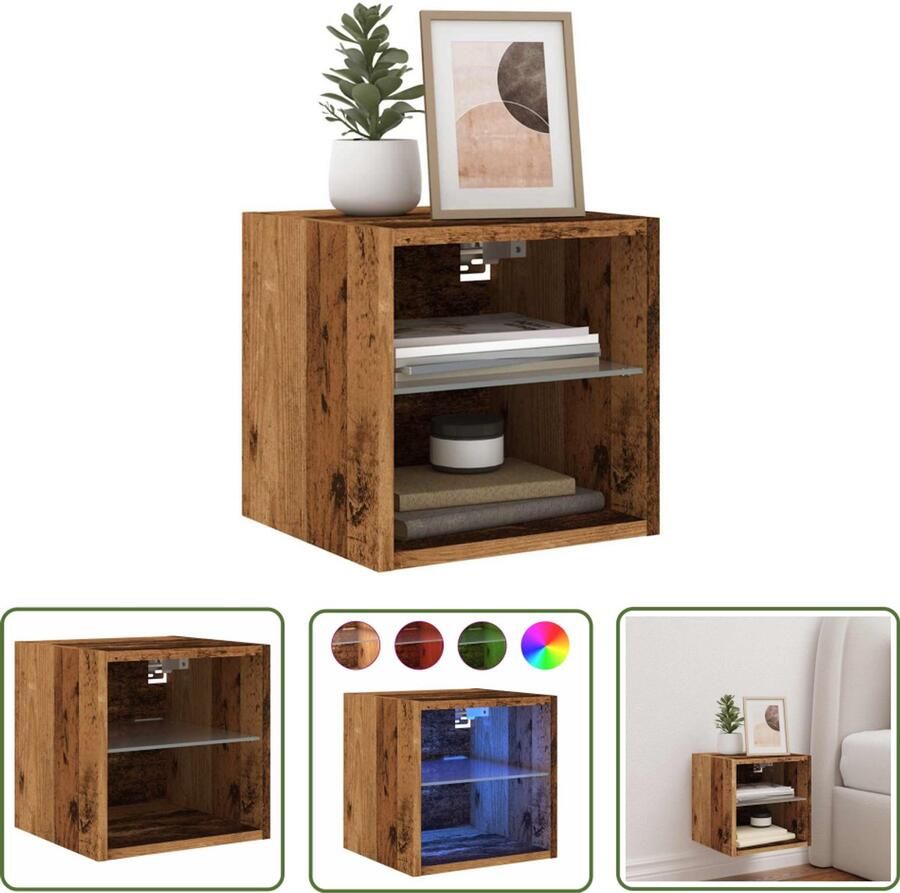 The Living Store Tv-wandmeubel met LED-verlichting 30x28 5x30 cm oud houtkleurig Tv-meubel Wandmontage Led Verlichting Houten Tv-standaard Opbergvak