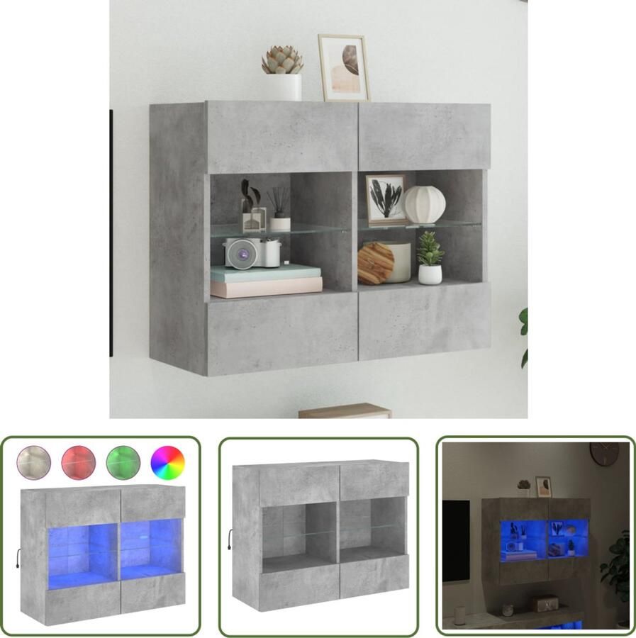 The Living Store Tv-wandmeubel met LED-verlichting 78 5x30x60 5 cm betongrijs TV-meubel Wandmontage Led Verlichting Betonnen Grijs Opbergvakken