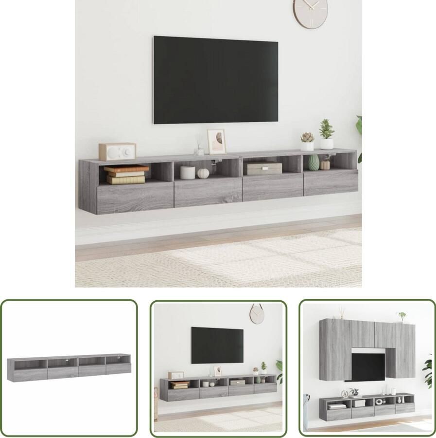 The Living Store Tv-wandmeubels 2 st 100x30x30 cm hout grijs sonoma Tv Meubel Wandmontage Grijze Tv Kast Houten Tv Stand Salontafel