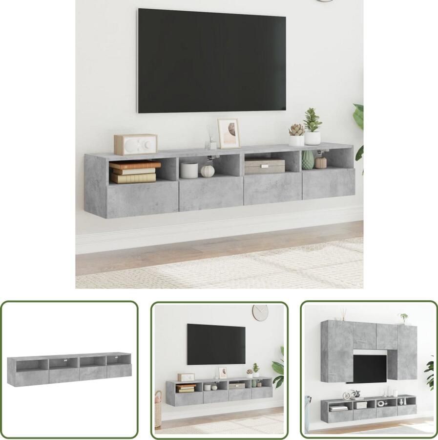 The Living Store Tv-wandmeubels 2 st 80x30x30 cm bewerkt hout betongrijs Tv Meubel Wandmontage Tv Kast Beton Grijs Houten Tv Stand
