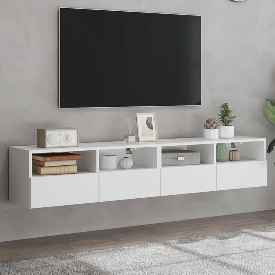 The Living Store Tv-wandmeubels 2 st 80x30x30 cm bewerkt hout wit Tv Meubel Wandmontage Tv Kast Opbergruimte Houten Tv Stand
