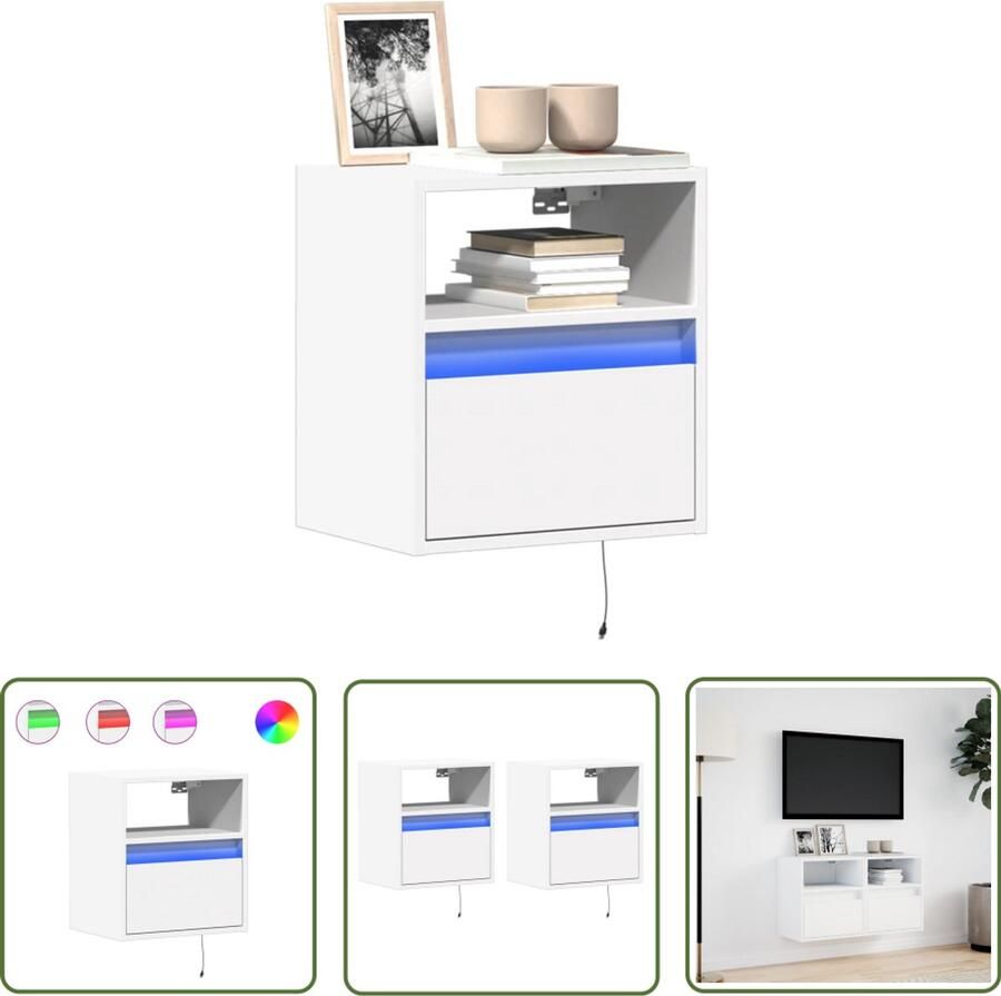 VidaXL Wandmontage Tv-meubel Tv-wandmeubels 2 st met LED-verlichting 41x31x45 cm wit Led-verlichting Opbergruimte Houten Tv-stand