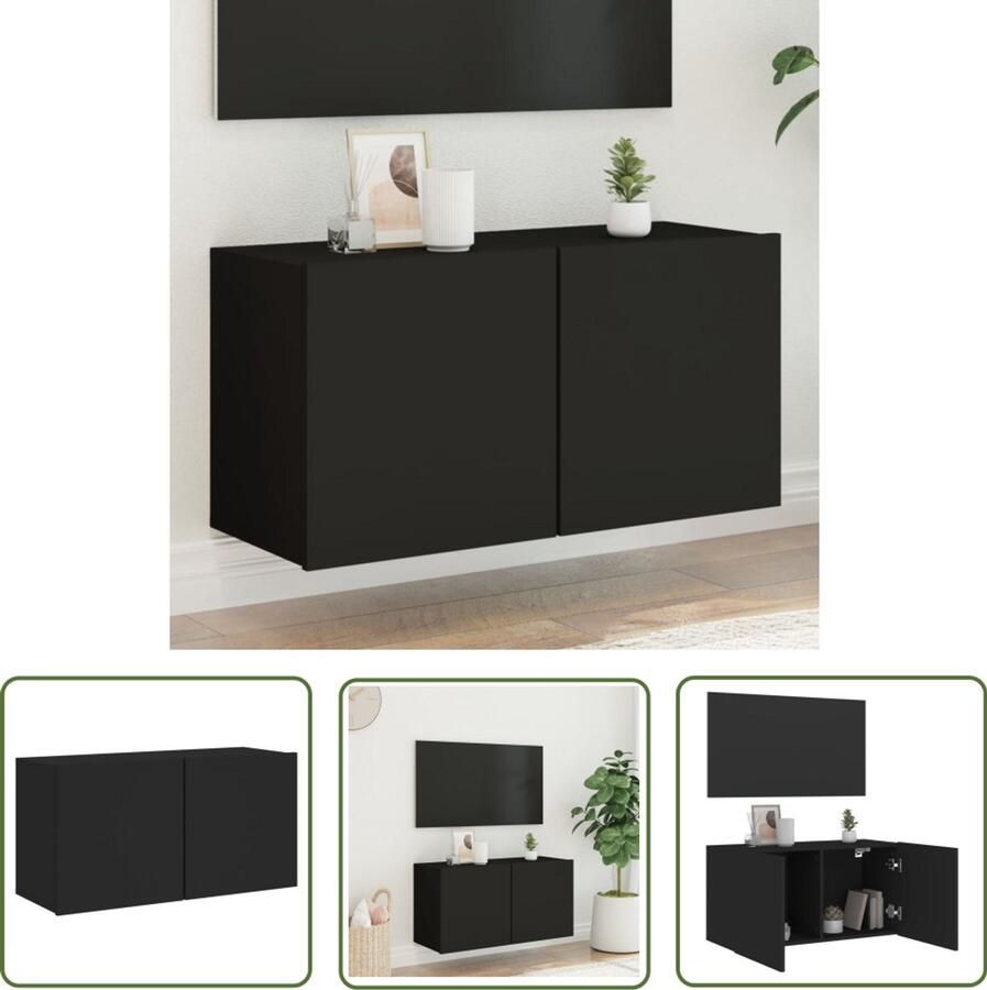 The Living Store Tv-meubel wandgemonteerd 80x30x41 cm zwart Tv-meubel Wandmontage Zwart Houten Tv-meubel Opbergruimte