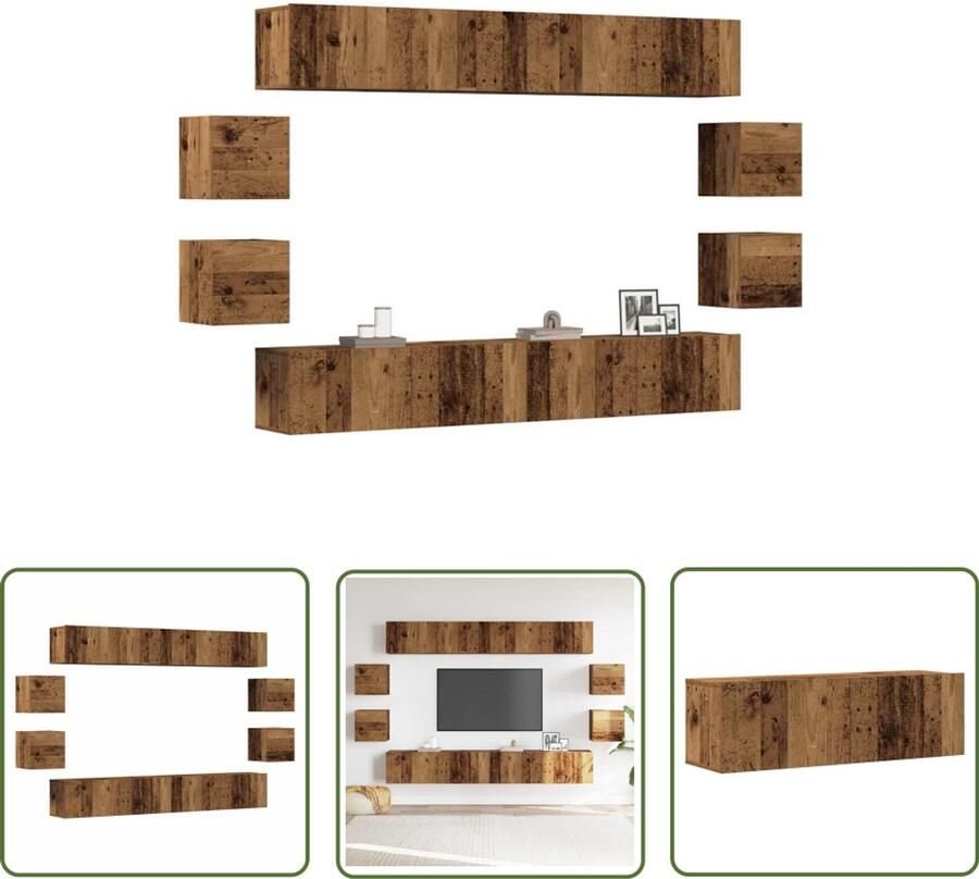 The Living Store 8-delig Tv-meubelset wandmontage bewerkt hout oud houtkleurig Tv-meubelset Wandmontage Houten Tv-kast Hout Kleur Media Kast