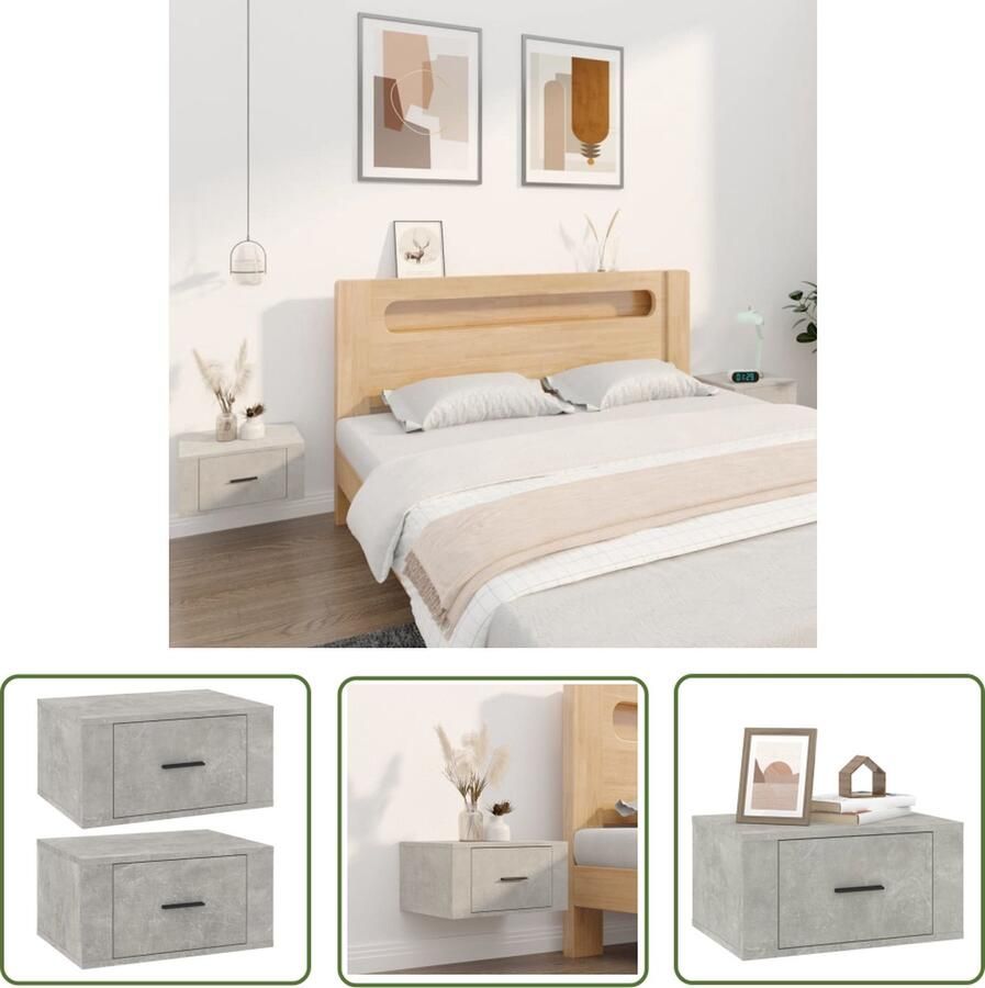 The Living Store Zwevende Nachtkastjes Betongrijs 50 x 36 x 25 cm Durable en stijlvol Wandgemonteerd 2 Stuks Zwevende Nachtkastjes Wandmontage Betonlook Nachthaven Slaapkamersdecoratie - Foto 2
