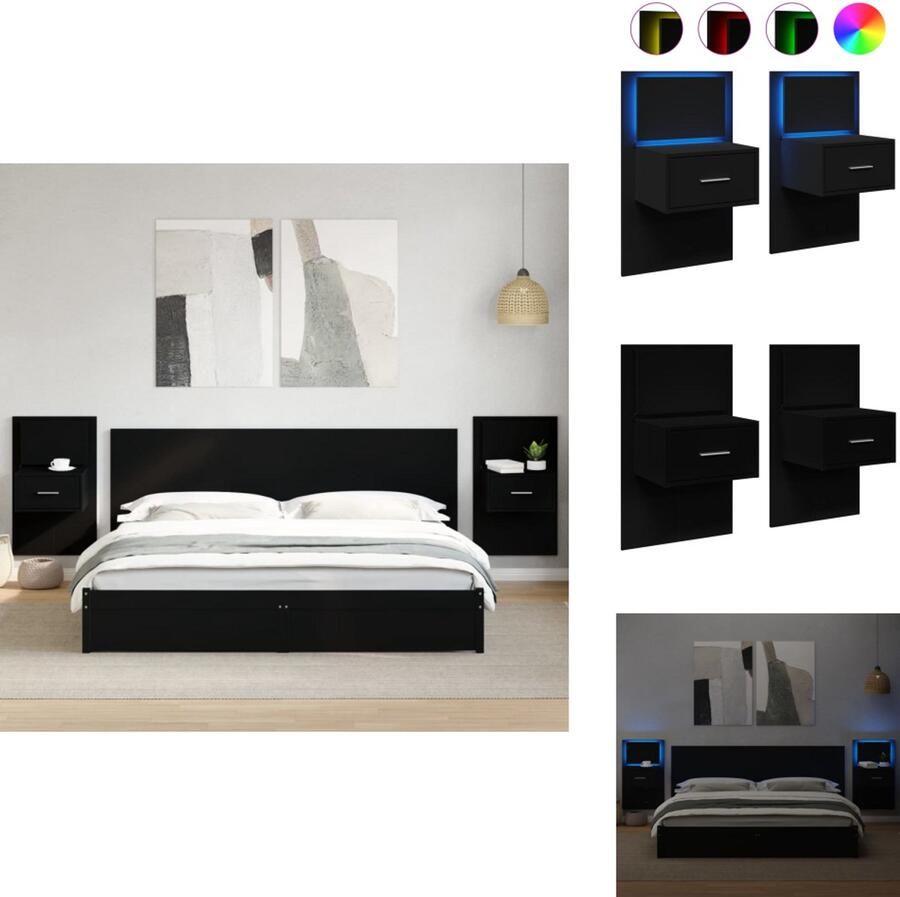 VidaXL Wandnachtkastje Wandnachtkastjes Nachtkastje Bijzettafel Nachtkastjes met LED's 2 st wandgemonteerd zwart