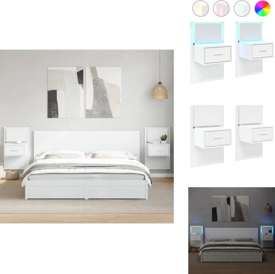 VidaXL Wandnachtkastje Wandnachtkastjes Nachtkastje Bijzettafel Nachtkastjes met LED's 2 st wandgemonteerd wit