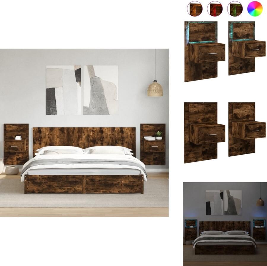 VidaXL Wandnachtkastje Wandnachtkastjes Nachtkastje Bijzettafel Nachtkastjes met LED's 2 st wandgemonteerd gerookt eikenkleurig