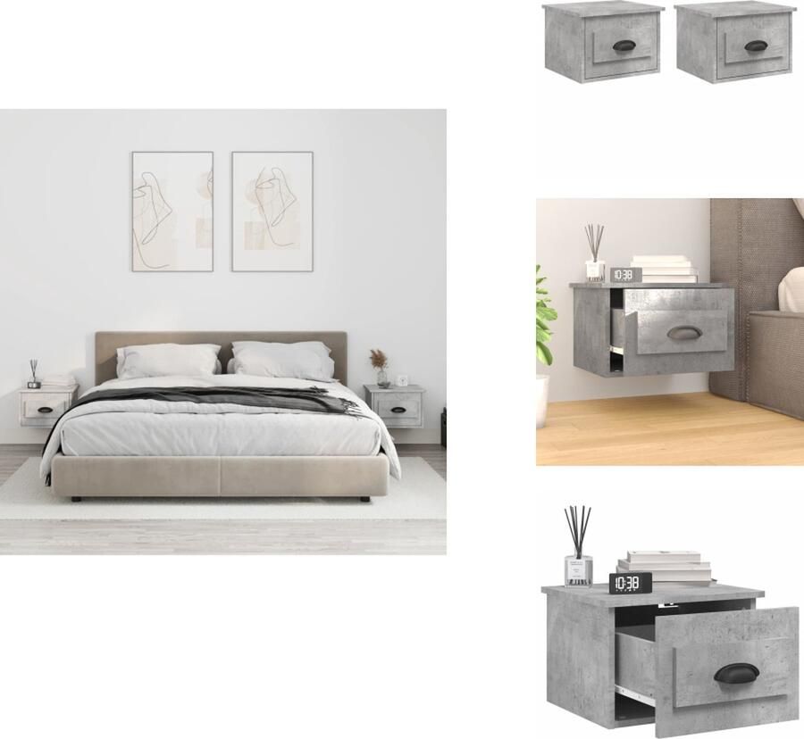 VidaXL Wandgemonteerde Nachtkastjes Betongrijs 41.5 x 36 x 28 cm Duurzaam materiaal Voldoende opbergruimte Wandgemonteerde functie Stabiel tafelblad Handleiding inbegrepen 2x nachtkastje Kast
