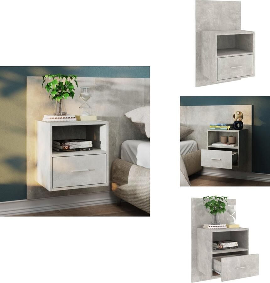 VidaXL Wandnachtkast Betongrijs 48.5 x 32.5 x 80 cm Wandmontage Multifunctioneel Opberglade Eenvoudig te reinigen Montage vereist Kast