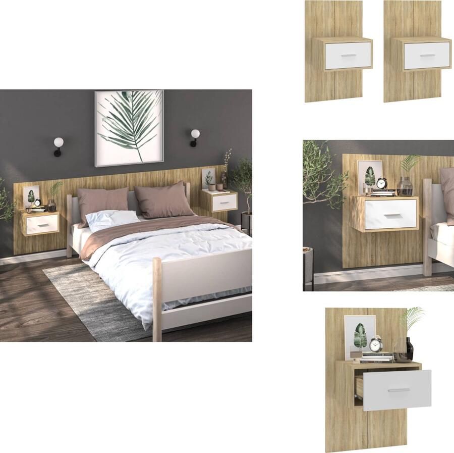 VidaXL Wandnachtkastje Wandnachtkastjes Wandgemonteerd Nachtkastje Wandgemonteerd Bedkastje Nachtkastjes 2 st wandgemonteerd wit en sonoma eikenkleurig