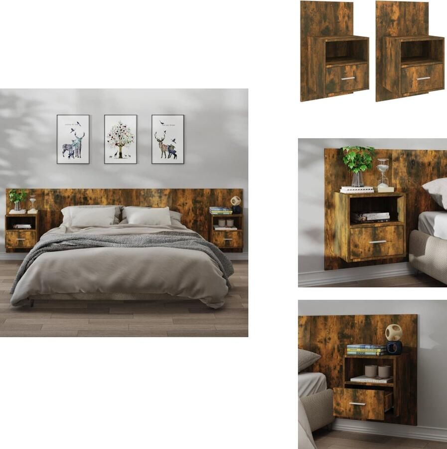 VidaXL Wandnachtkastje Wandnachtkastjes Wandgemonteerd Nachtkastje Wandgemonteerd Bedkastje Nachtkastjes 2 st wandgemonteerd gerookt eikenkleurig - Foto 2