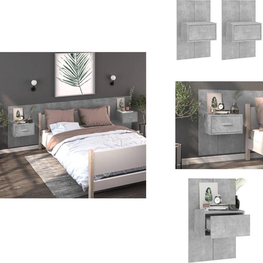 VidaXL Wandnachtkastje Betongrijs 48.5 x 32.5 x 80 cm Wandmontage Multifunctioneel Opberglade Eenvoudig te reinigen Montage vereist 2 stuks Kast