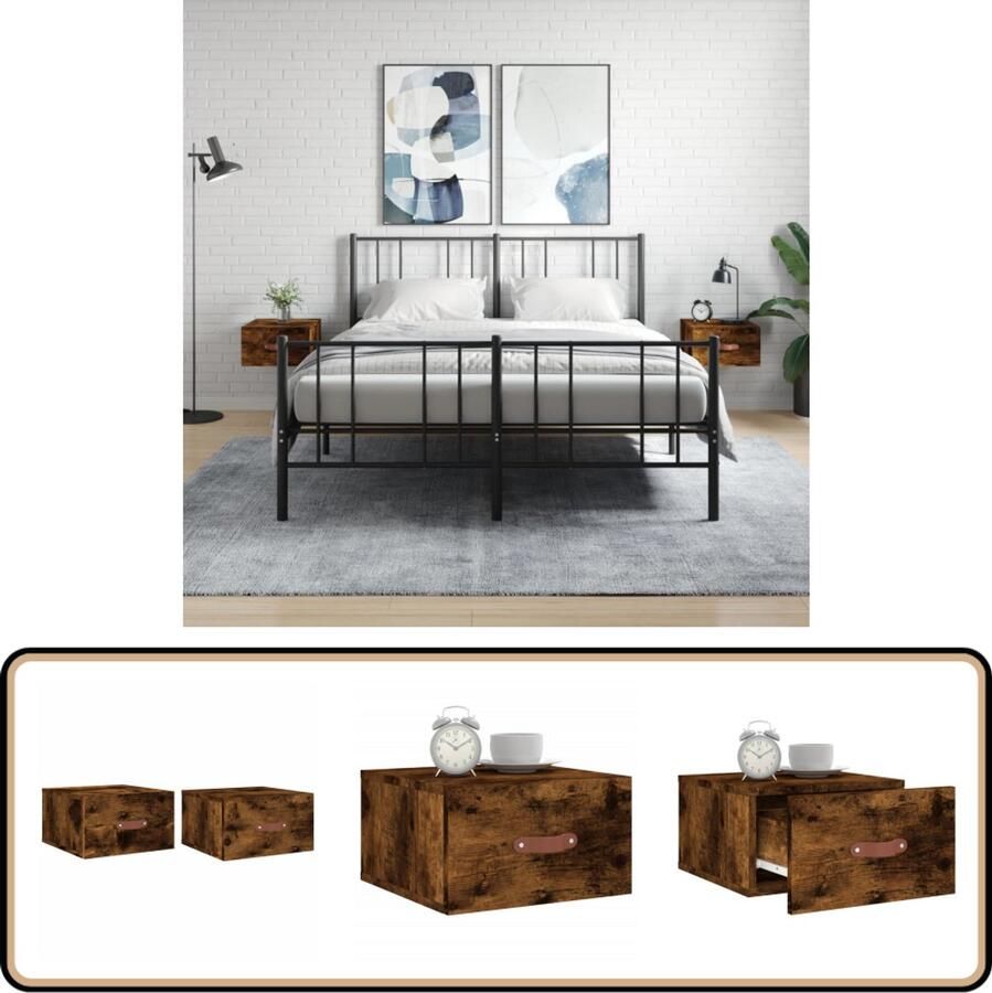 VidaXL Wandnachtkastjes 2 st Gerookt Eiken Wandlamp Nachtlamp Bergruimte Badkamermeubel Houten Meubels Slaapkamerdecoratie Designkamer Modern Meubel