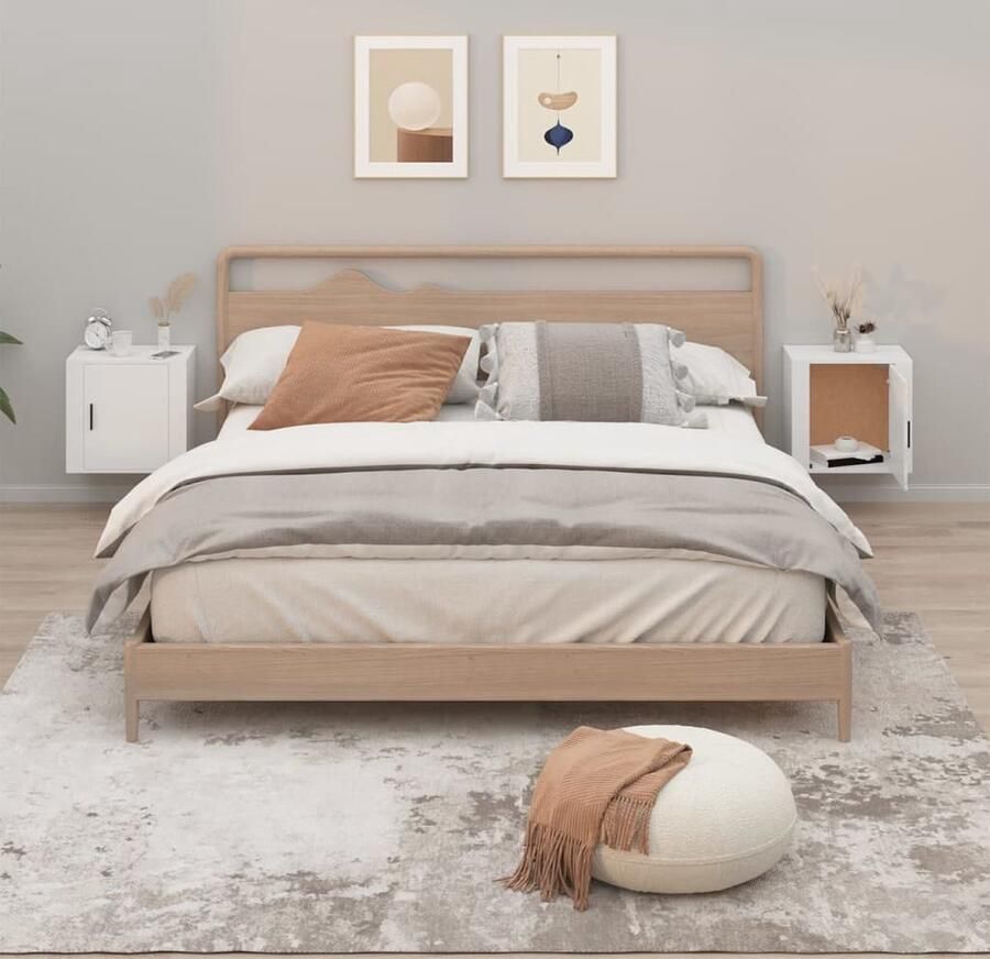VidaXL Wandnachtkastjes 2 st Wit 50x30x47 cm Wandlamp Nachtlamp Bergruimte Kastje Slaapkamervloer Minimalistische Meubels Houten Meubel Wit Meubilair - Foto 2