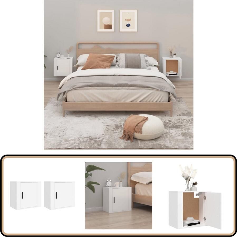 VidaXL Wandnachtkastjes 2 st Wit 50x30x47 cm Wandlamp Nachtlamp Bergruimte Kastje Slaapkamervloer Minimalistische Meubels Houten Meubel Wit Meubilair