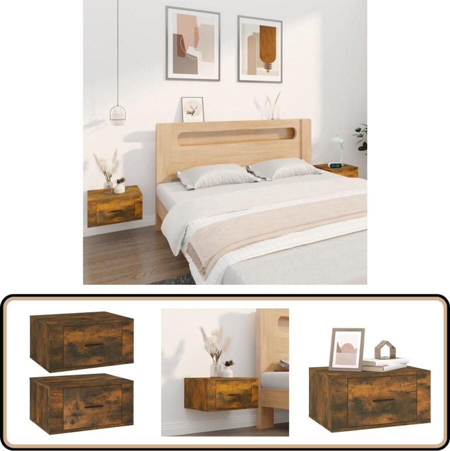 VidaXL Wandnachtkastjes 2 stuks Gerookt Eiken 50x36x25 cm Wandlamp Nachtlamp Kastje Bergruimte Slaapkamerdecoratie