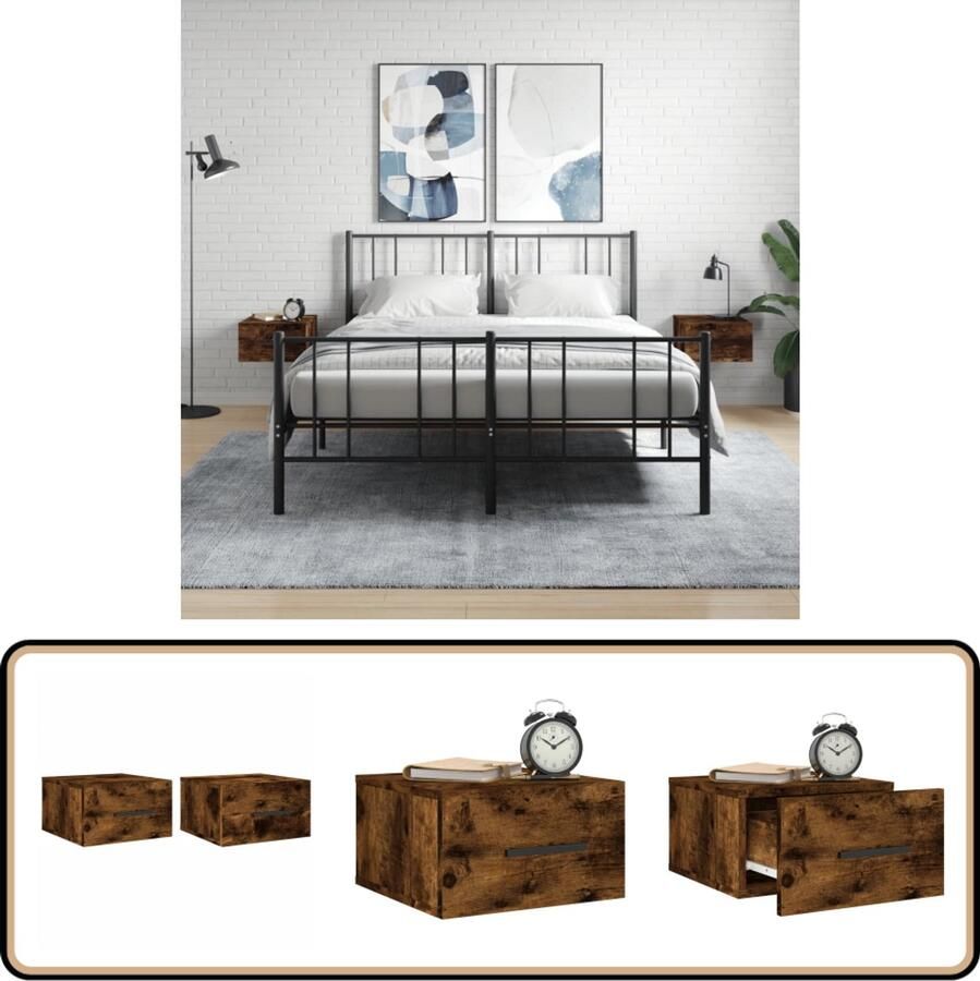VidaXL Wandnachtkastjes Gerookt Eiken Set van 2 Wandkasten Nachtkastjes Houten Kasten Bruine Meubels Slaapkamerdecoratie Bergruimte Minimalistisch Design Compact Meubel