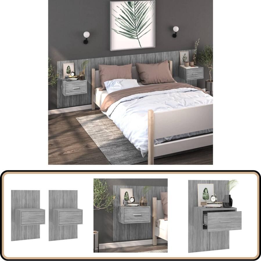 VidaXL Wandnachtkastjes Grijs Sonoma Eiken 2 st Wandlamp Nachtlamp Bergruimte Badkamermeubilair Houten Meubels