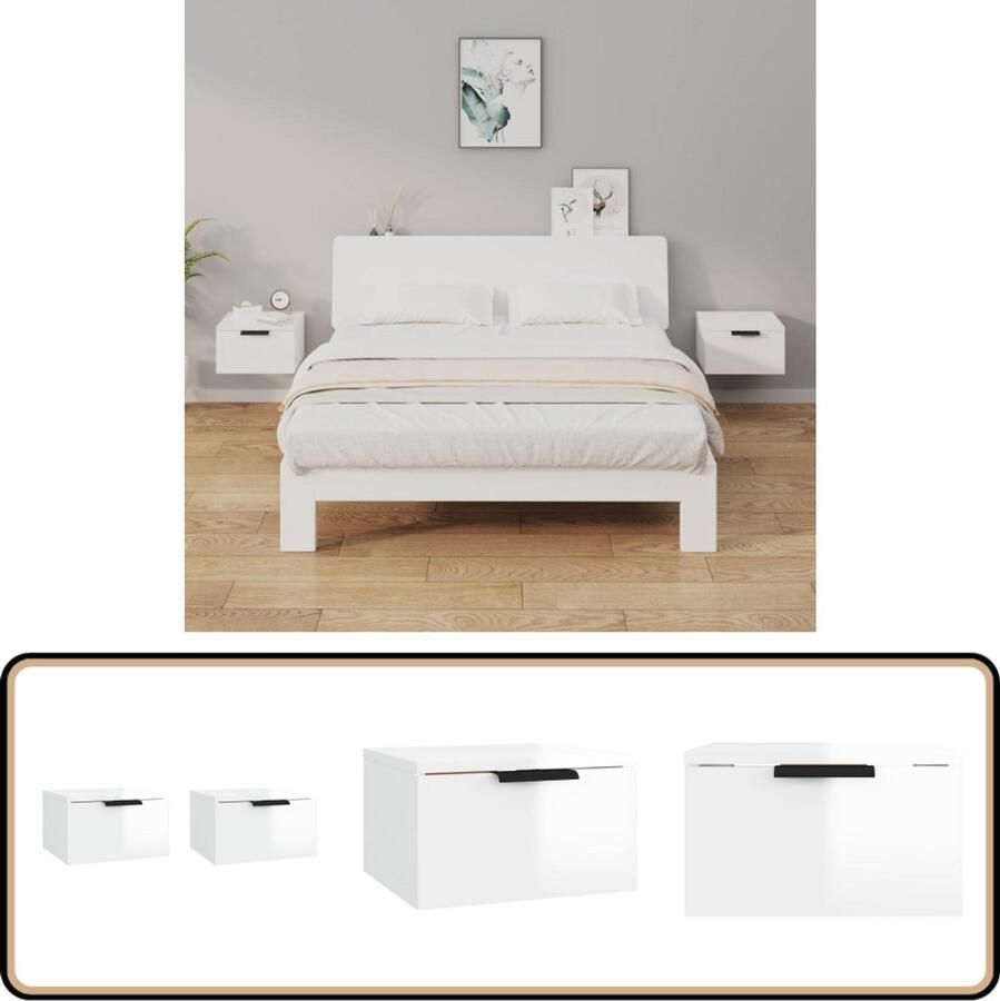 VidaXL Wandnachtkastjes Hoogglans Wit Set van 2 Wandlamp Nachtlamp Badkamermeubel Slaapkamerdecoratie Houten Meubels Opbergoplossing Minimalistische Kamer Modern Meubel
