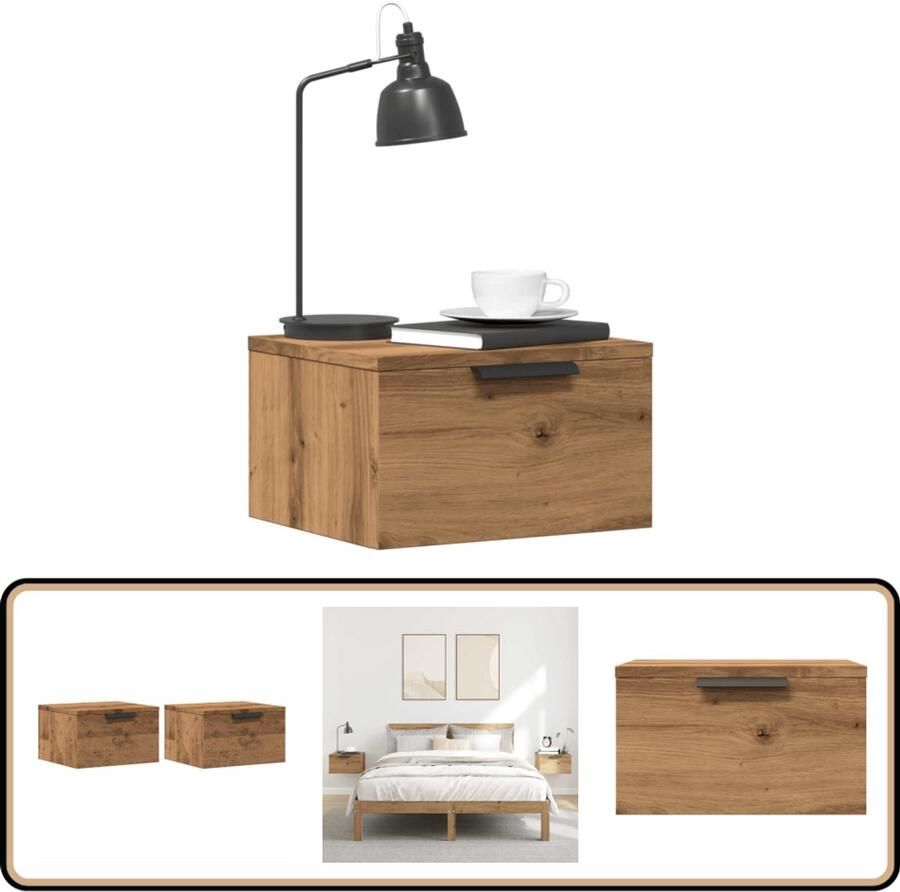 VidaXL Wandnachtkastjes Set van 2 Artisanaal Eiken Wandkasten Nachtkastjes Slaapkamers Meubilair Houten Kasten