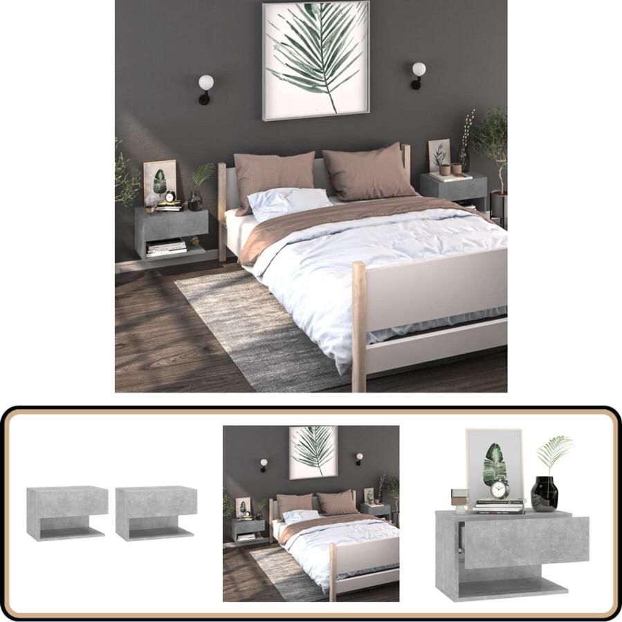 VidaXL Wandnachtkastjes Set van 2 Betongrijs Wandlamp Nachtlamp Bergruimte Slaapkamer Decoratie Houten Meubels Compact Meubel Minimalistische Kamerdecor