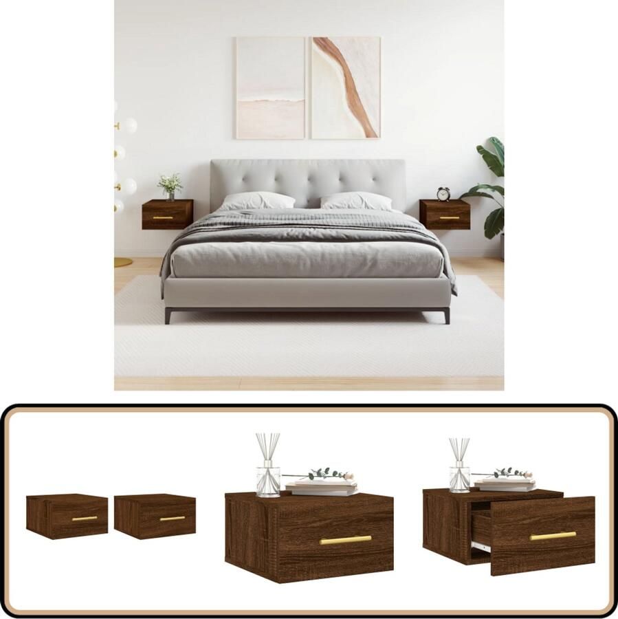 VidaXL Wandnachtkastjes Set van 2 Bruin Eiken Wandlamp Nachthastje Slaapkamersdecoratie Bruine Meubels Houten Meubelstuk
