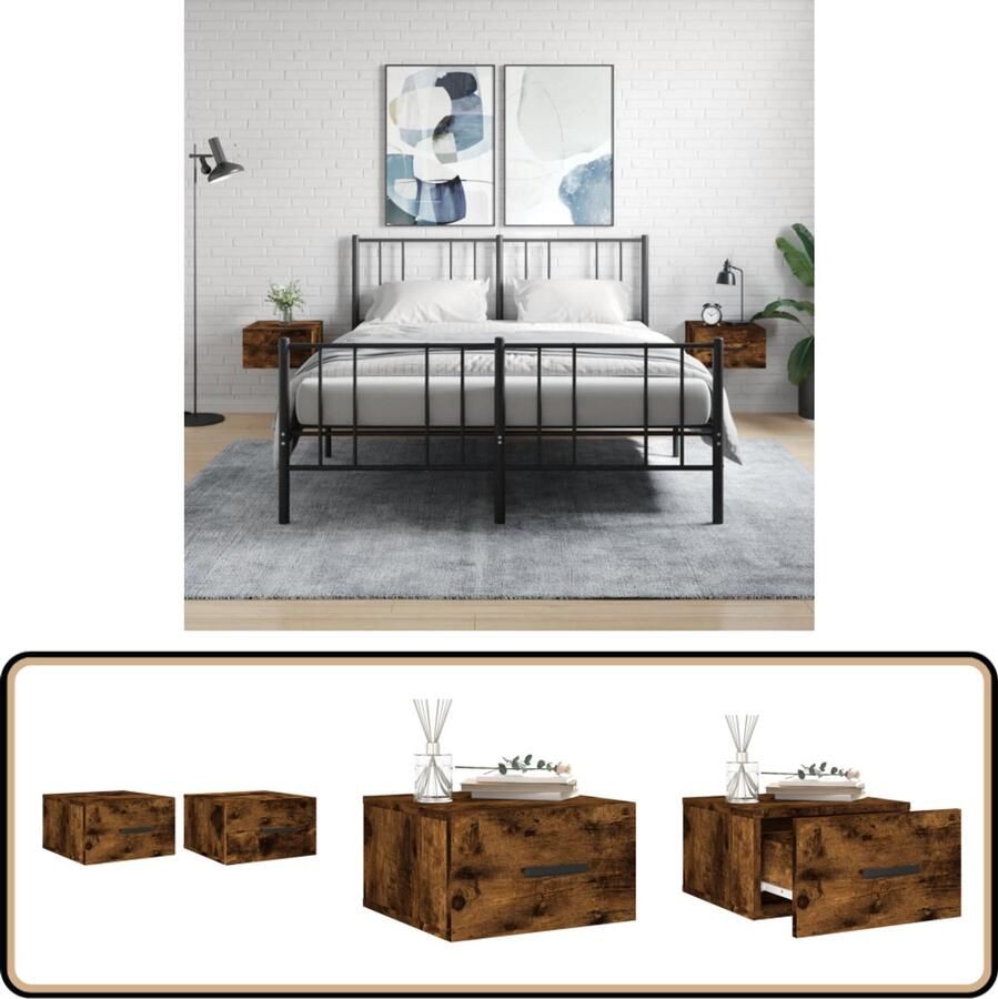 VidaXL Wandnachtkastjes Set van 2 Gerookt Eiken Wandlamp Nachtlamp Bergruimte Houten Meubels Badkamermeubilair Woonkamerdecoratie Slaapkamersfeer