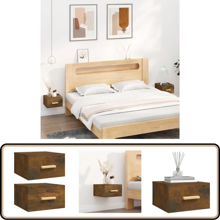 VidaXL Wandnachtkastjes Set van 2 Gerookt Eiken Wandlamp Nachtlamp Bergruimte Woonkamerdecoratie Badkameraccessoires Slaapkamersfeer Houten Meubels Minimalistische Meubelen Bruine Meubels