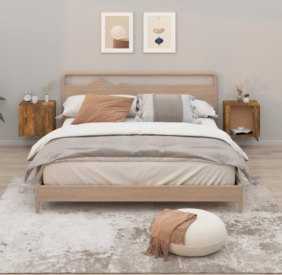 VidaXL Wandnachtkastjes Set van 2 Gerookt Eiken Wandlamp Nachtlamp Kastje Bergruimte Slaapkamervloerisolator Houten Meubels Bruine Meubel - Foto 2