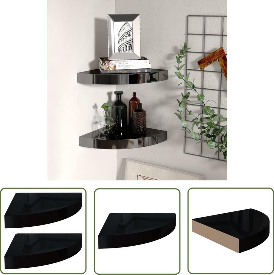 VidaXL Wandplank Hoekschalen Hoekschappen zwevend 2 st 25x25x3 8 cm MDF hoogglans zwart Mdf Plank Zwevende Planken Zwarte Kastjes