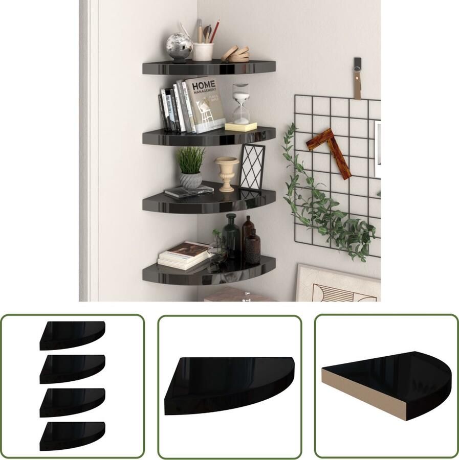 VidaXL Wandplank Hoekschalen Hoekschappen zwevend 4 st 35x35x3 8 cm MDF hoogglans zwart Mdf Plank Zwevende Planken Zwarte Kastjes