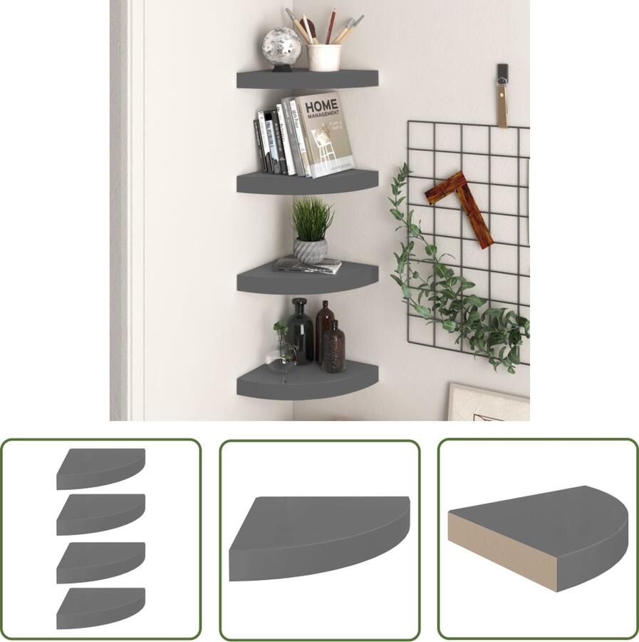 VidaXL Wandplank Hoekschopen Hoekschappen zwevend 4 st 25x25x3 8 cm MDF hoogglans grijs Zwevende Plank Mdf Kast Minimalistisch Design
