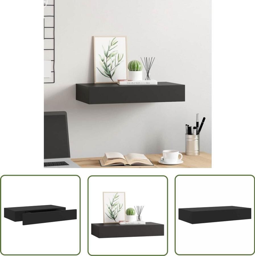 VidaXL Wandplank Met Lade Zwevend Wandrek Wandschap met lade zwevend 48x25x8 cm zwart Black Shelf Mdf Plank Minimalistisch Wanddecoratie
