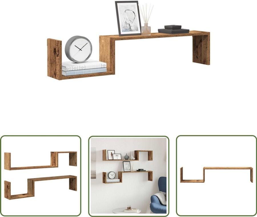 VidaXL Wandschappen 2 st 100x15x20 cm bewerkt hout oud houtkleurig Opslagruimte Wandplank Houtschilderij Vintage Stijl Badkamerkast