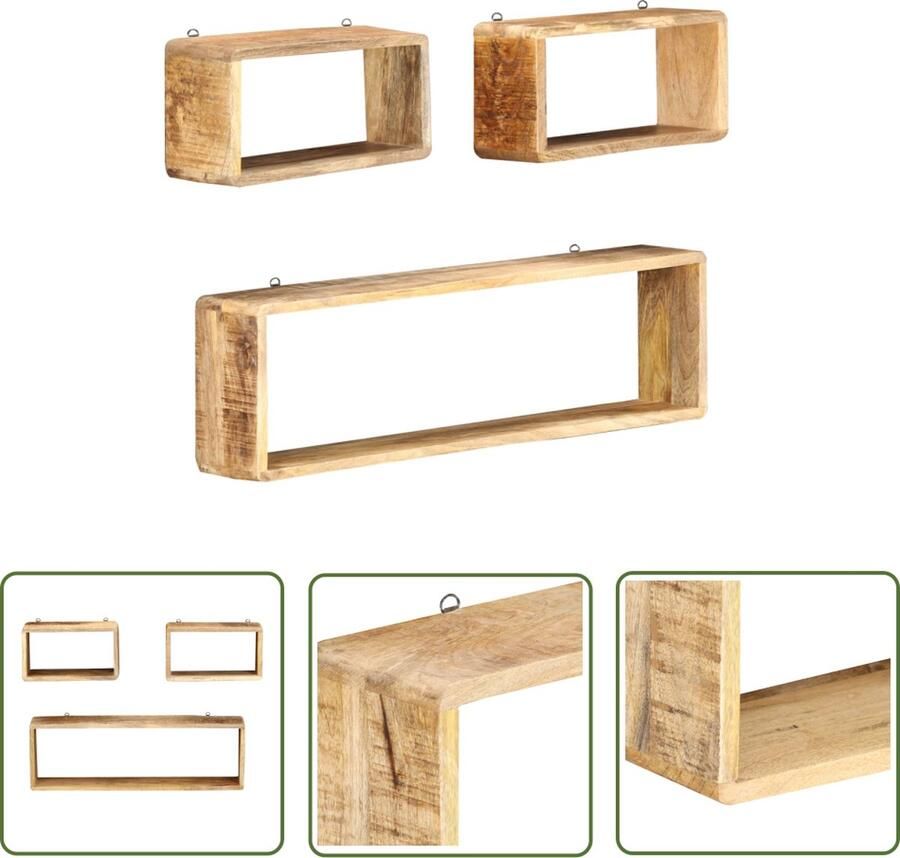 The Living Store 3-delige Wandschappenset kubus massief mangohout Wanddecoratie Wandplank Mangohout Meubilair Houtschilderij Woonaccessoires