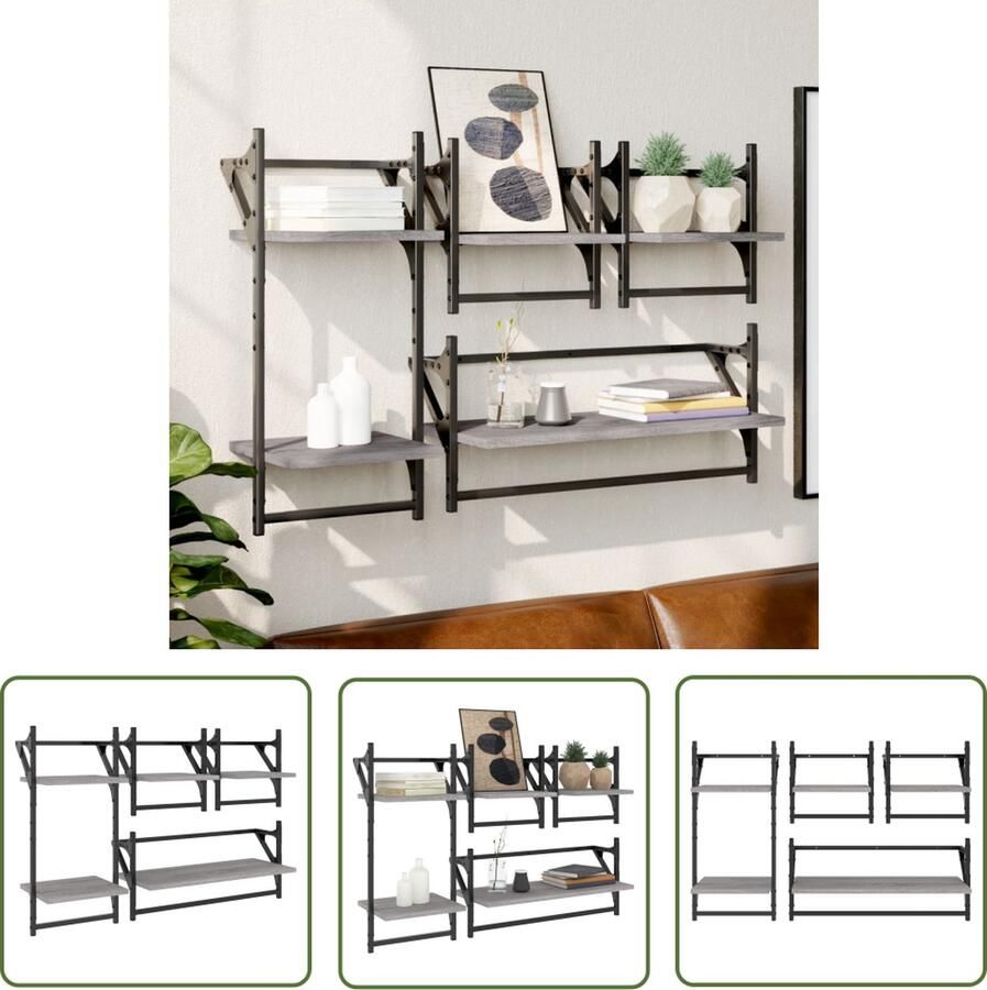 The Living Store 4-delige Wandschappenset met stangen bewerkt hout grijs sonoma Wanddecoratie Wandplanken Houten Wandopbergen Grijze Meubels Woondecoratie - Foto 2