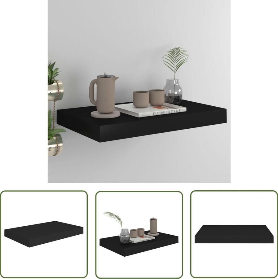 The Living Store Wandschap zwevend 40x23x3 8 cm MDF zwart Wandplank Vintage Wanddecoratie Houten Wandplank Zwart Wandrek Zwevende Wandplank