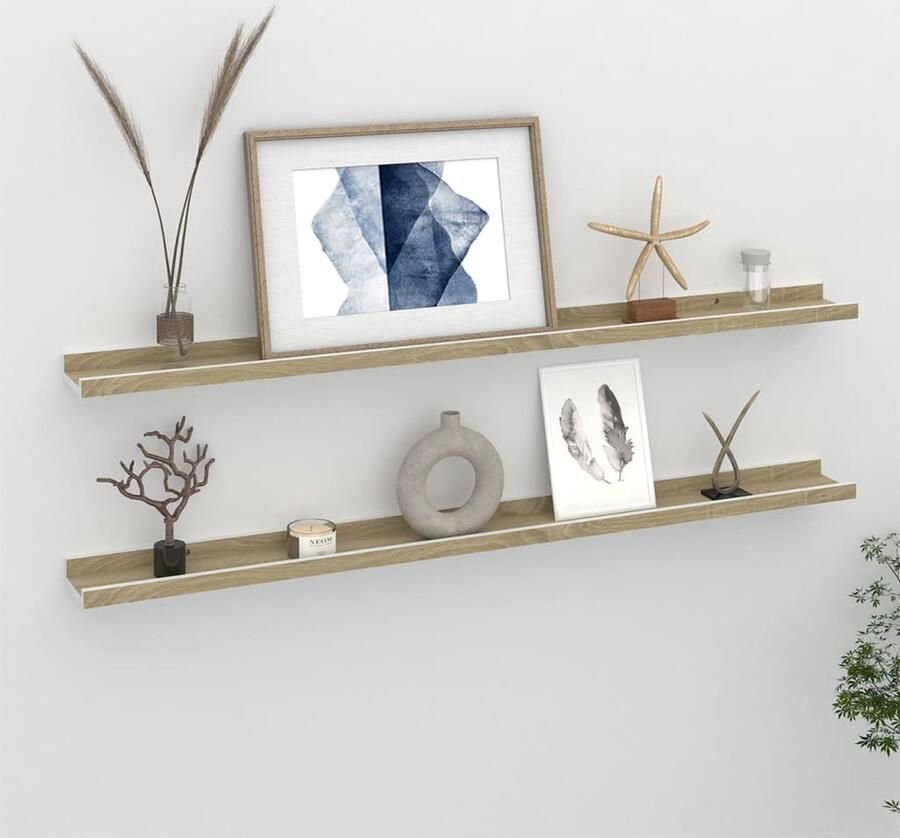 The Living Store Wandschappen 2 st 100x9x3 cm wit en sonoma eikenkleurig Wanddecoratie Wandplank Schappenset Opslagoplossing Woonaccessoires
