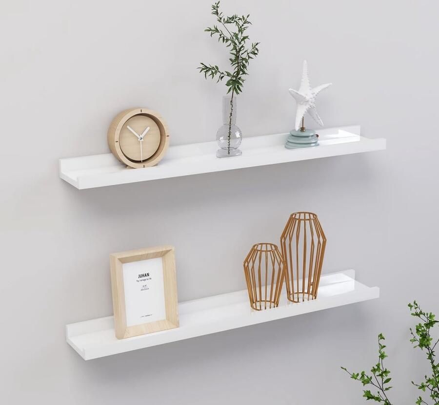 The Living Store Wandschappen 2 st 60x9x3 cm hoogglans wit Wanddecoratie Wandplank Mdf Plank Witte Wandplank Hangplankje