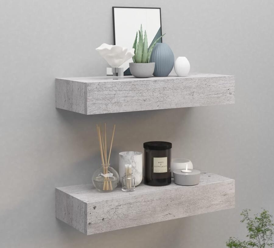 The Living Store Wandschappen 2 st met lade 60x23 5x10 cm MDF betongrijs Zwevend Wandrek Ladekast Bergruimte Minimalistisch Design Betonnen Look