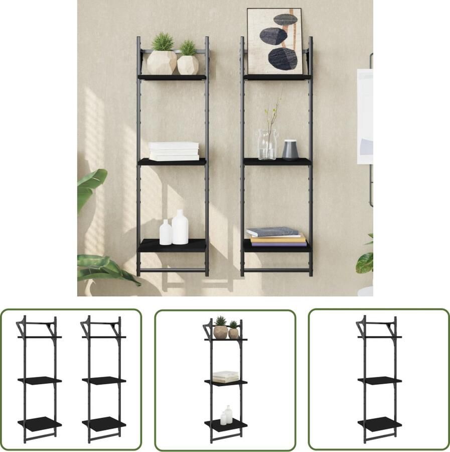 The Living Store Wandschappen 3-laags met stangen 2 st 30x25x100 cm zwart Zwevende Wandplanken Wanddecoratie Opbergwand Wandenkast Design Wandplank - Foto 2