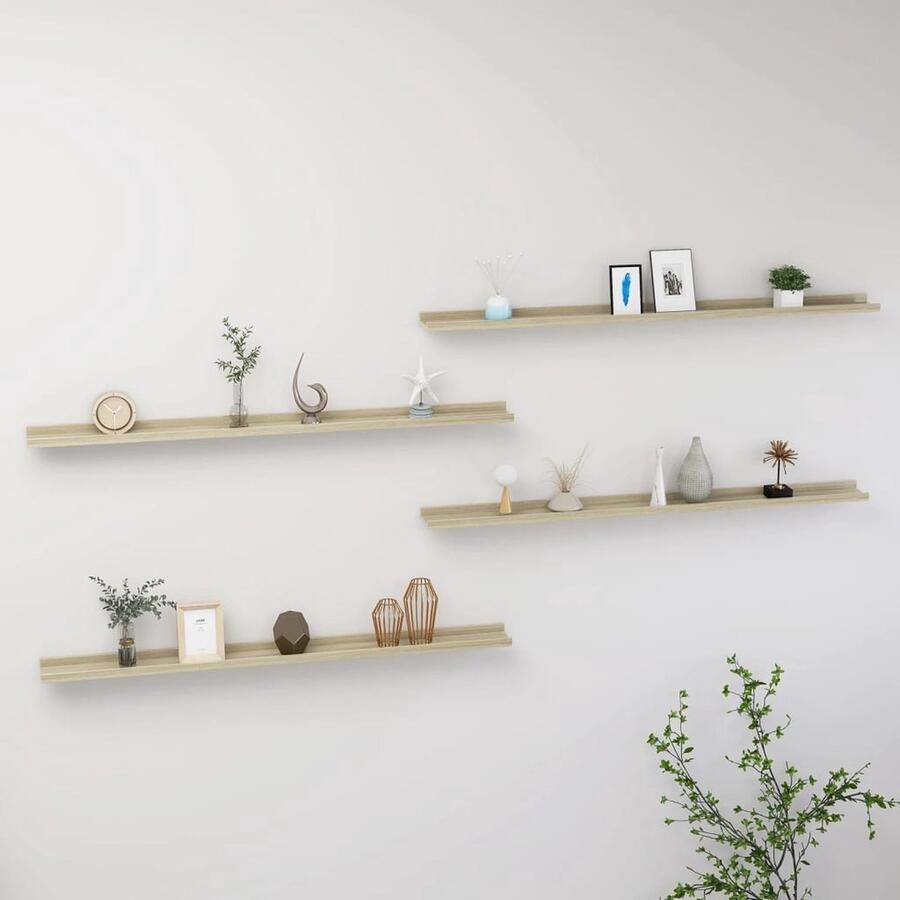The Living Store Wandschappen 4 st 115x9x3 cm sonoma eikenkleurig Wandplank Wanddecoratie Houten Plank Salontafel Badkamerkast