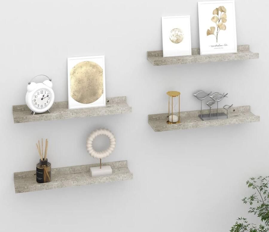 The Living Store Wandschappen 4 st 40x9x3 cm betongrijs Wandplank Schappen Set Mdf Wanddecoratie Grijze Wandplanken Kleine Wandplanken