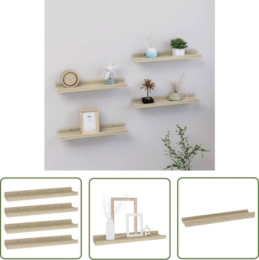 The Living Store Wandschappen 4 st 40x9x3 cm sonoma eikenkleurig Wanddecoratie Schappenset Wandplank Houten Schappen Salontafel Accessoires
