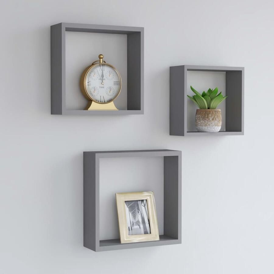 VidaXL Wandschappen kubus 3 st MDF grijs Wanddecoratie Wandplank Mdf Plank Cube Shelf Design Shelving