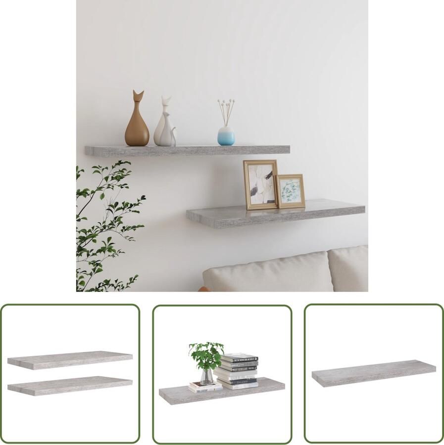 The Living Store Wandschappen zwevend 2 st 80x23 5x3 8 cm MDF betongrijs Wanddecoratie Wandplank Honingraat Mdf Metalen Frame Opbergruimte