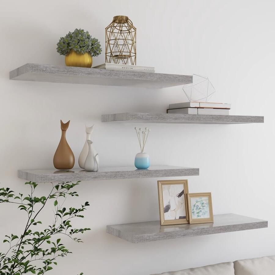 VidaXL Wandplank Wanddecoratie Wandschappen zwevend 4 st 80x23 5x3 8 cm MDF betongrijs Mdf Wandplanken Grijze Wandplank Minimalistische Wandplank